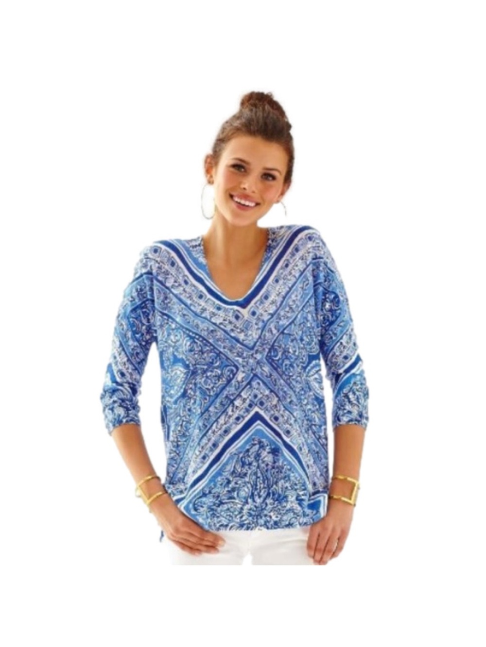 Lilly Pulitzer Jameson Sweater - Blue and White Multi-Print V-Neck Top XS/S
